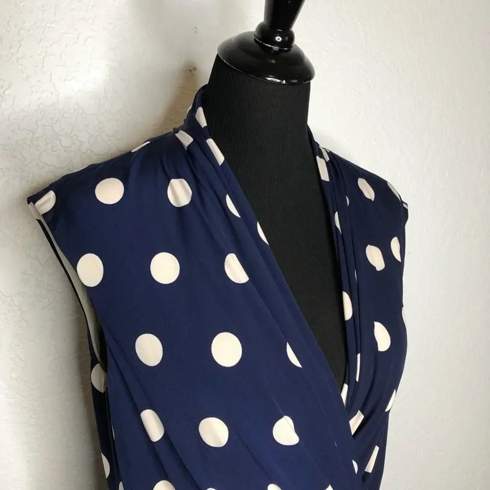 Eliza J navy blue cream tan polka dot faux wrap dress size 14